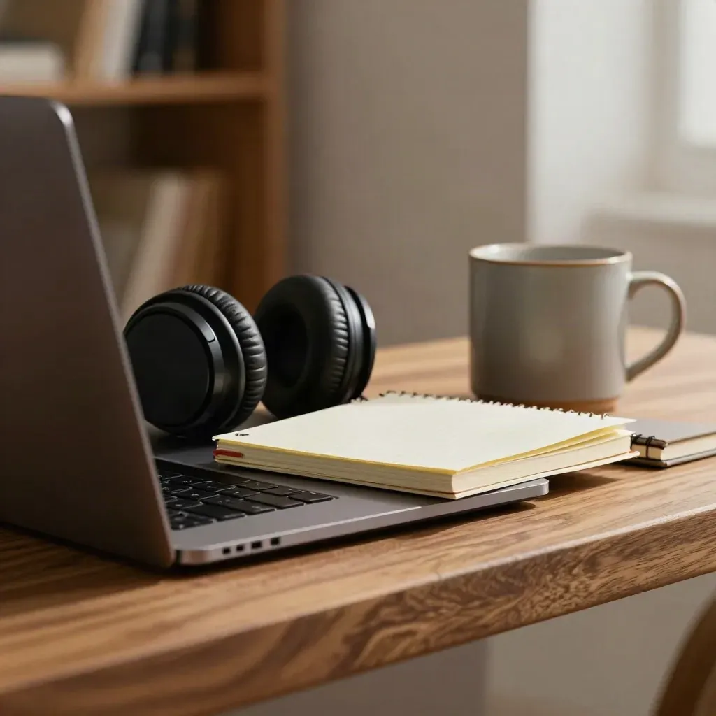 Zamknięty laptop, słuchawki, notes, kubek i stos planera na drewnianej półce.