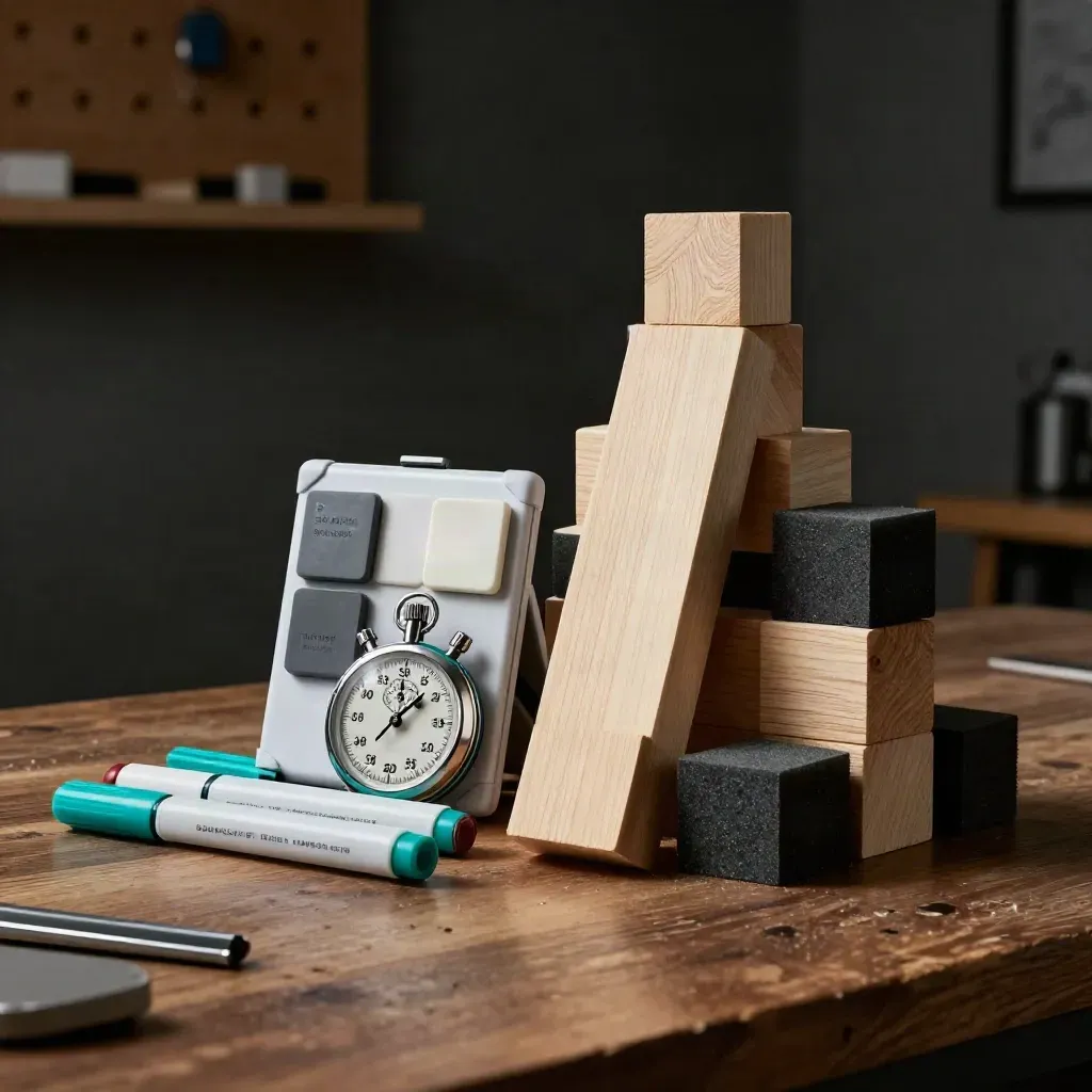 KIT trenera startupów: tile, markery i stoper na ciemnym stole