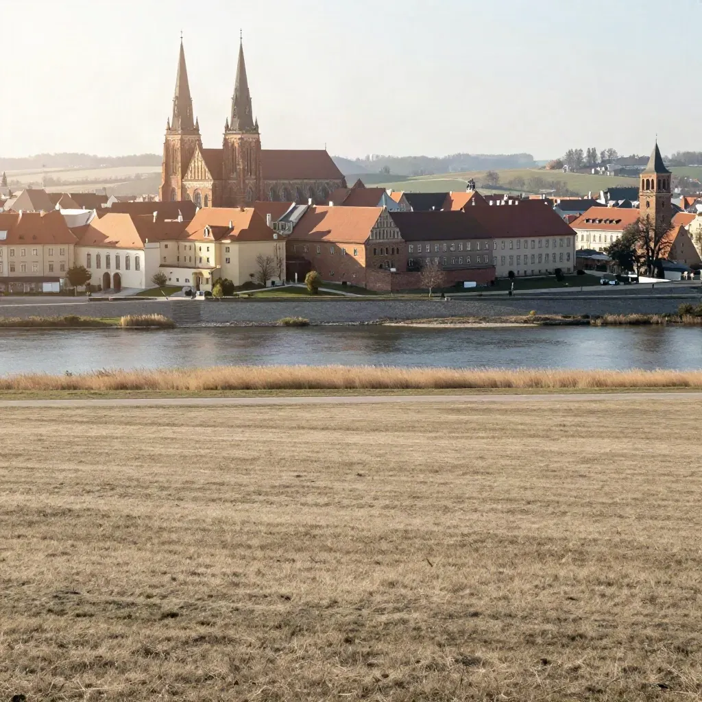 Panorama Poznania nad spokojną wodą w złotym świetle, z ostrowskimi wieżami w tle